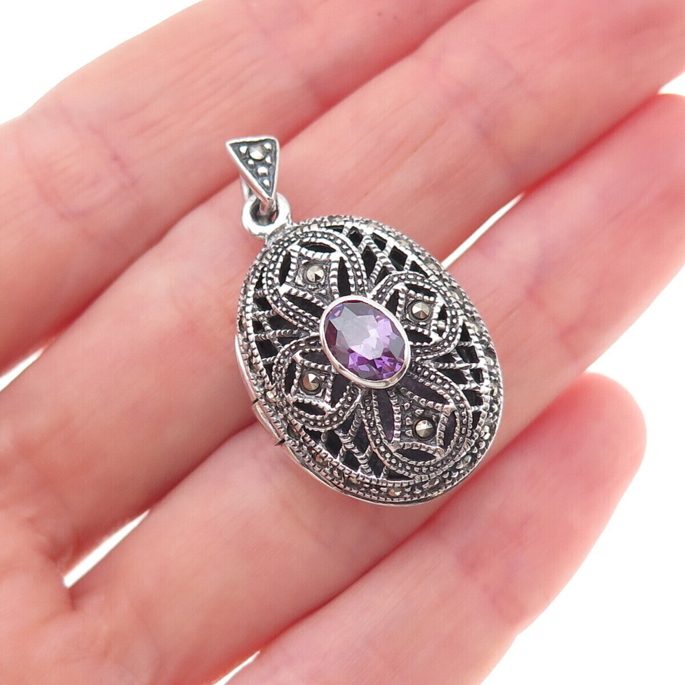925 Sterling Silver Vintage Real Amethyst & Marcasite Cross Locket Charm Pendant